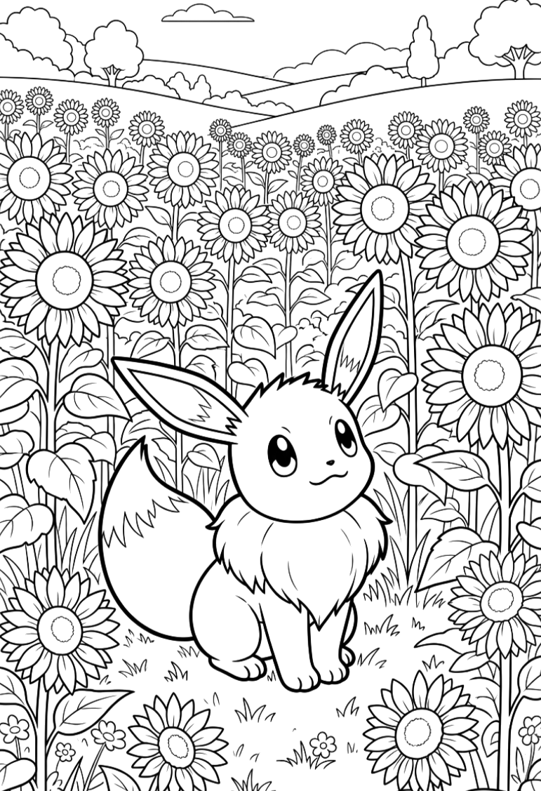 Eevee no campo de girassóis para colorir