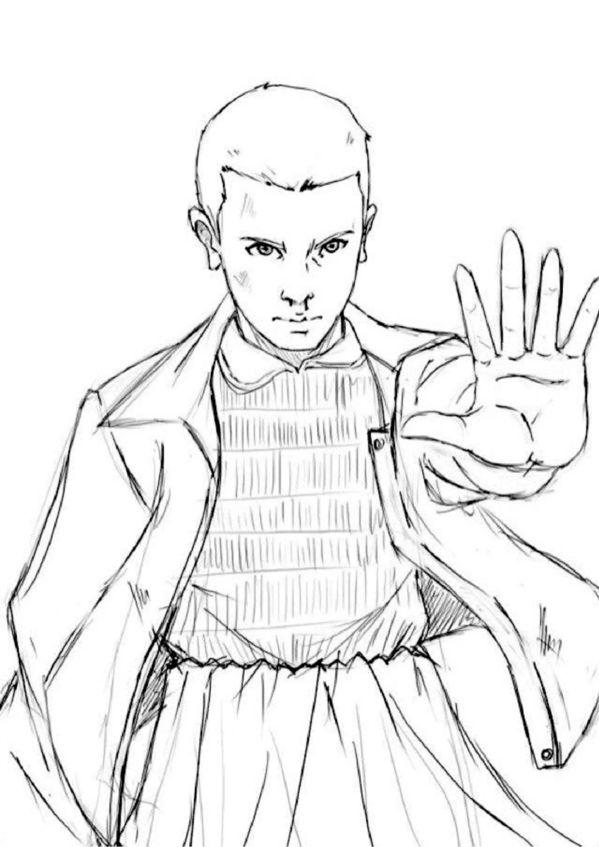 Eleven acenando com a mão estendida para colorir