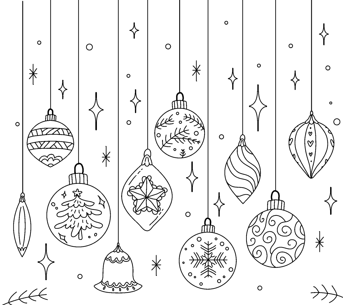 Enfeites de Natal pendurados com estrelinhas para colorir