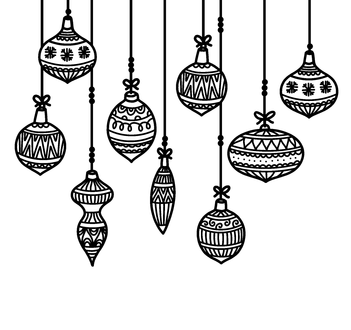Enfeites de Natal pendurados em fios para colorir