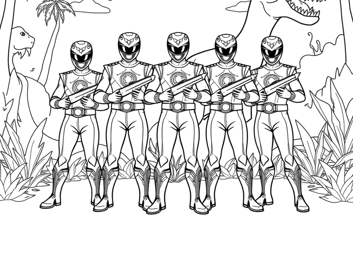 Equipe dos Power Rangers na selva com o dinossauro para colorir