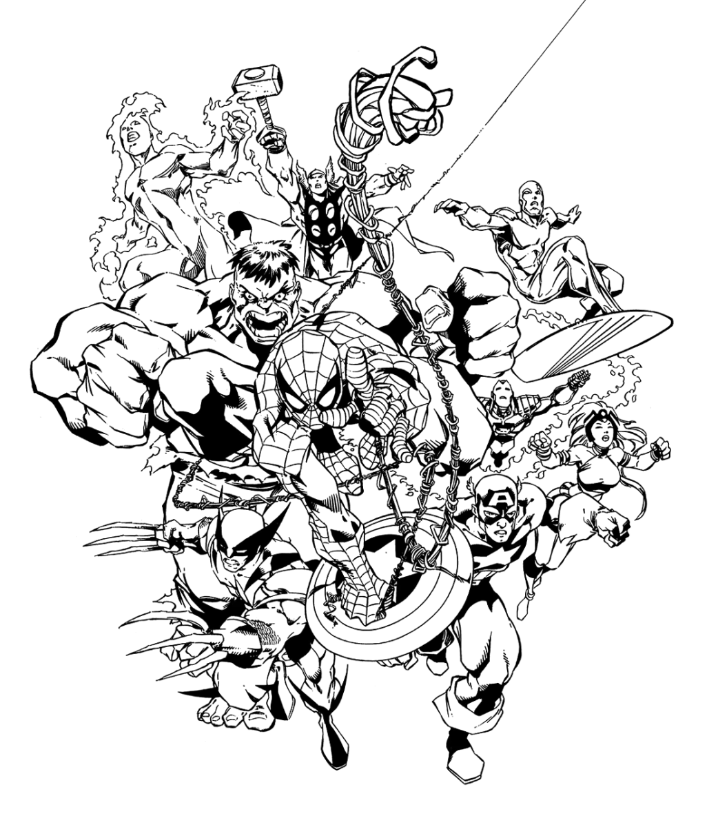 Equipe dos Vingadores em plena ação para colorir