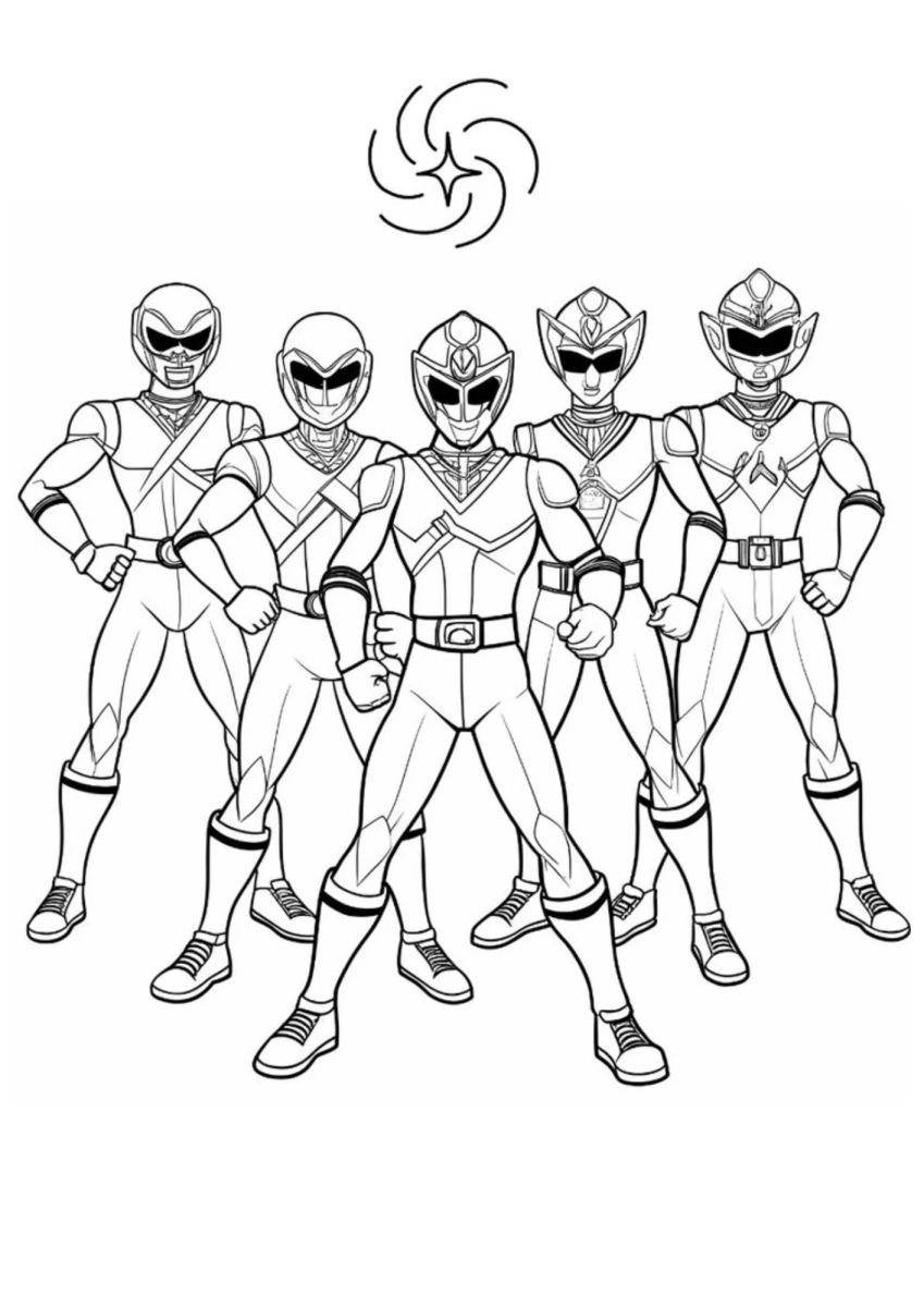 Equipe Power Rangers em pose de poder para colorir
