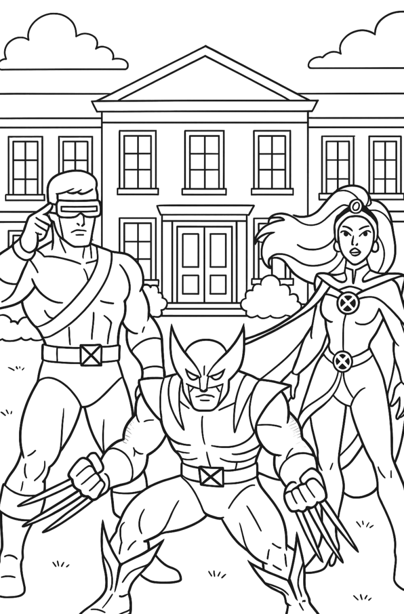 Equipe X-Men reunida em frente à mansão para colorir