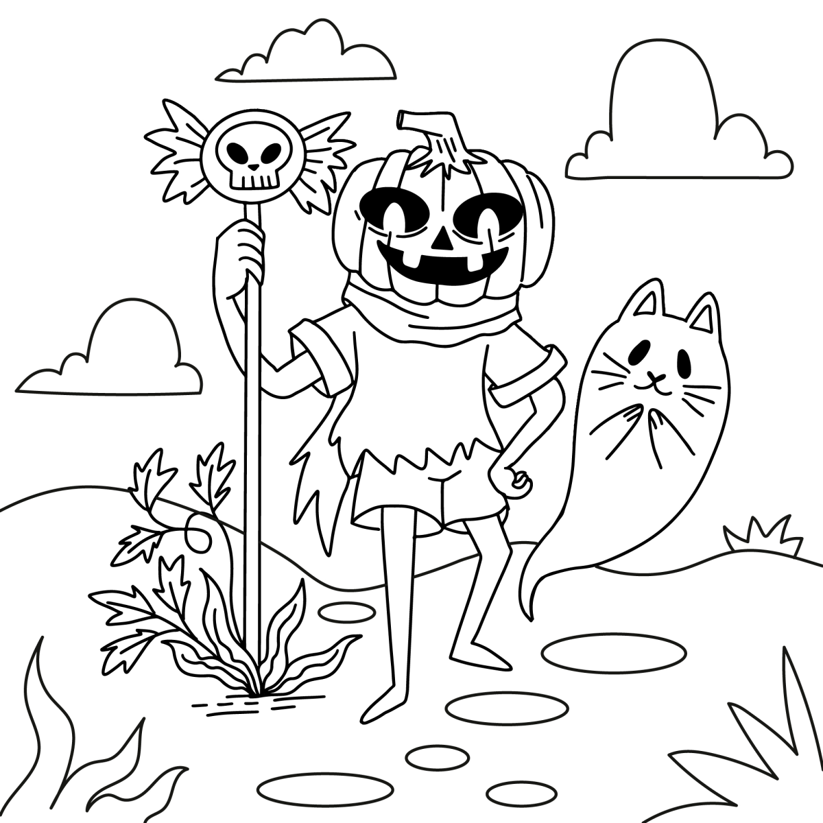 Espantalho com abóbora no cemitério para colorir