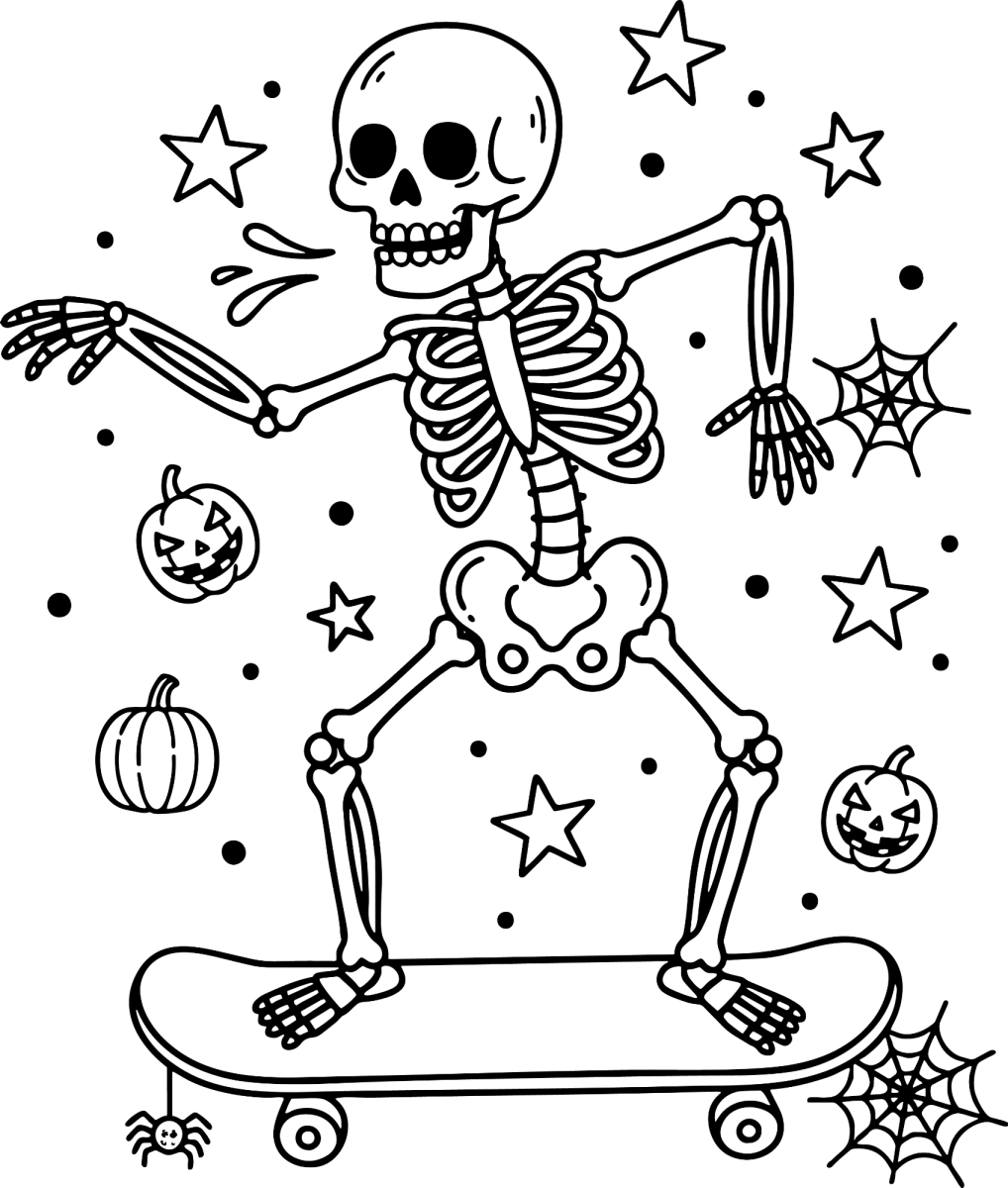 Esqueleto andando de skate para colorir