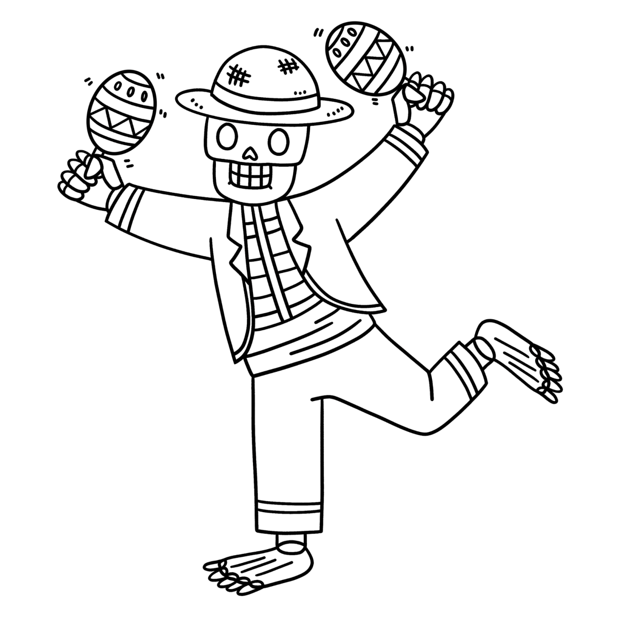 Esqueleto dançando com maracas para colorir