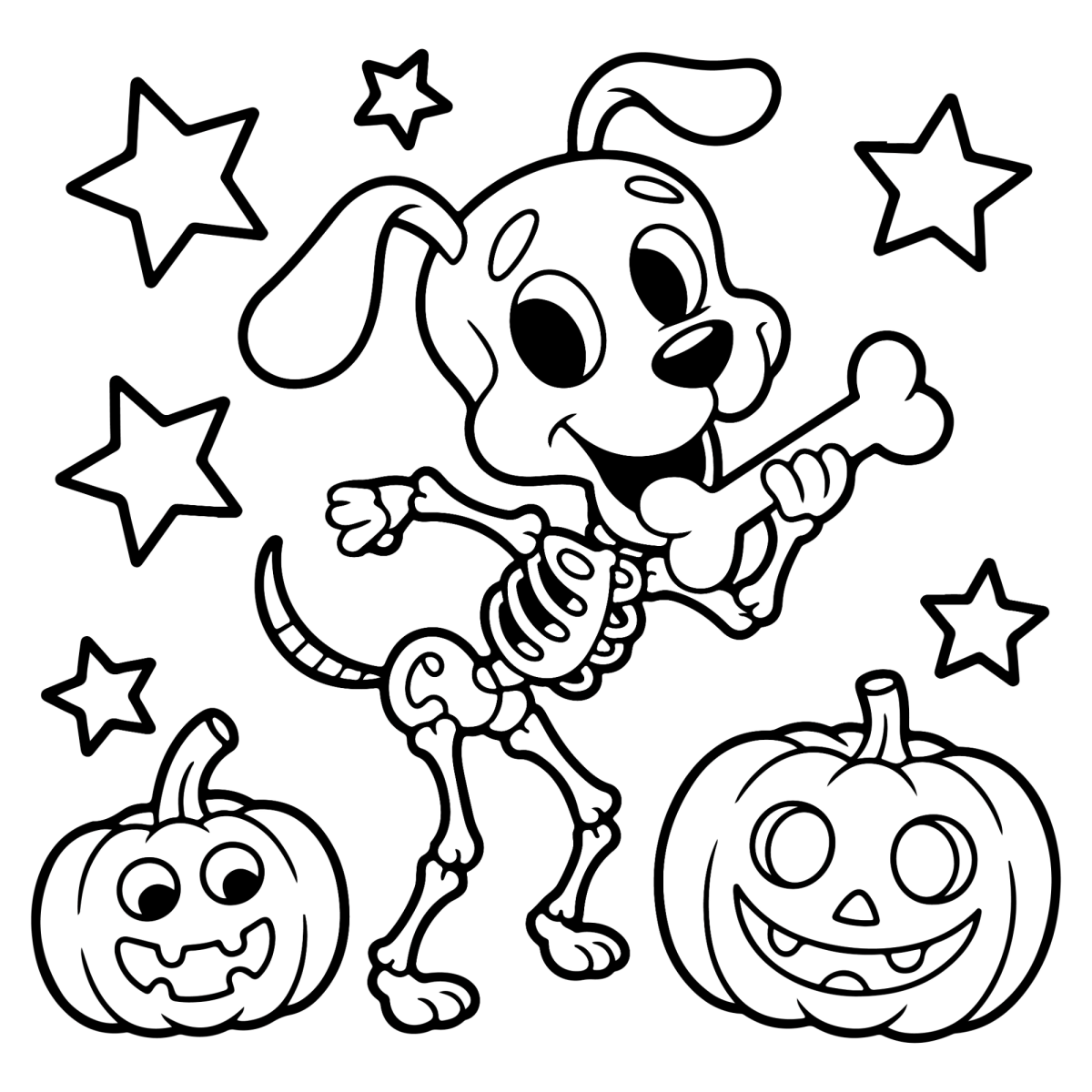 Esqueleto de cachorro brincando com abóboras para colorir