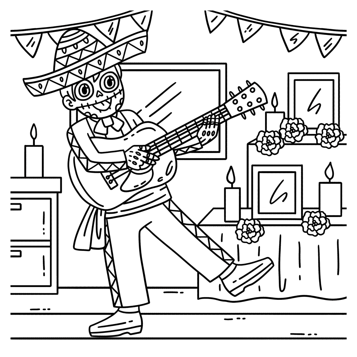 Esqueleto mariachi tocando violão na sala para colorir