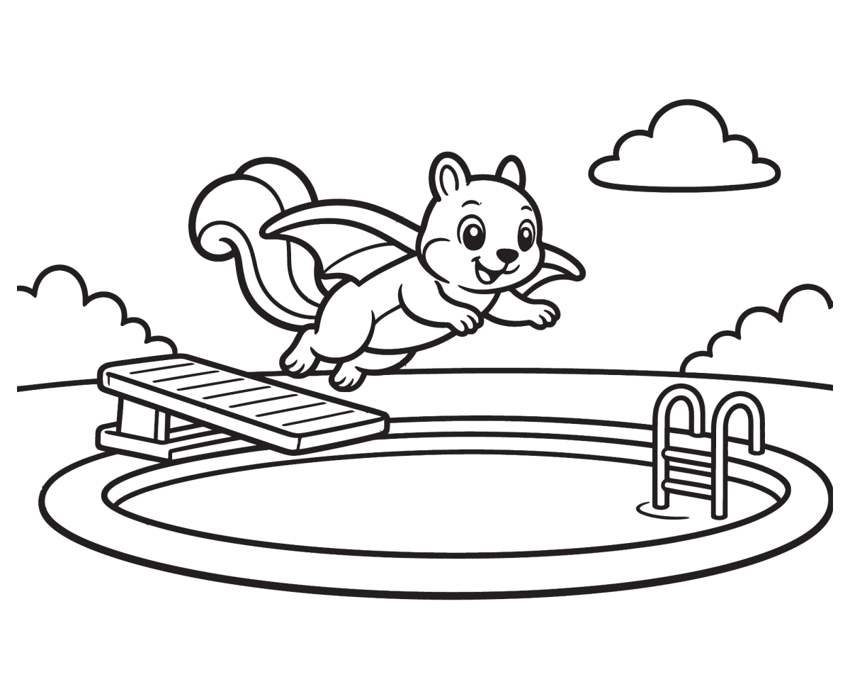 Esquilo voador pulando na piscina para colorir
