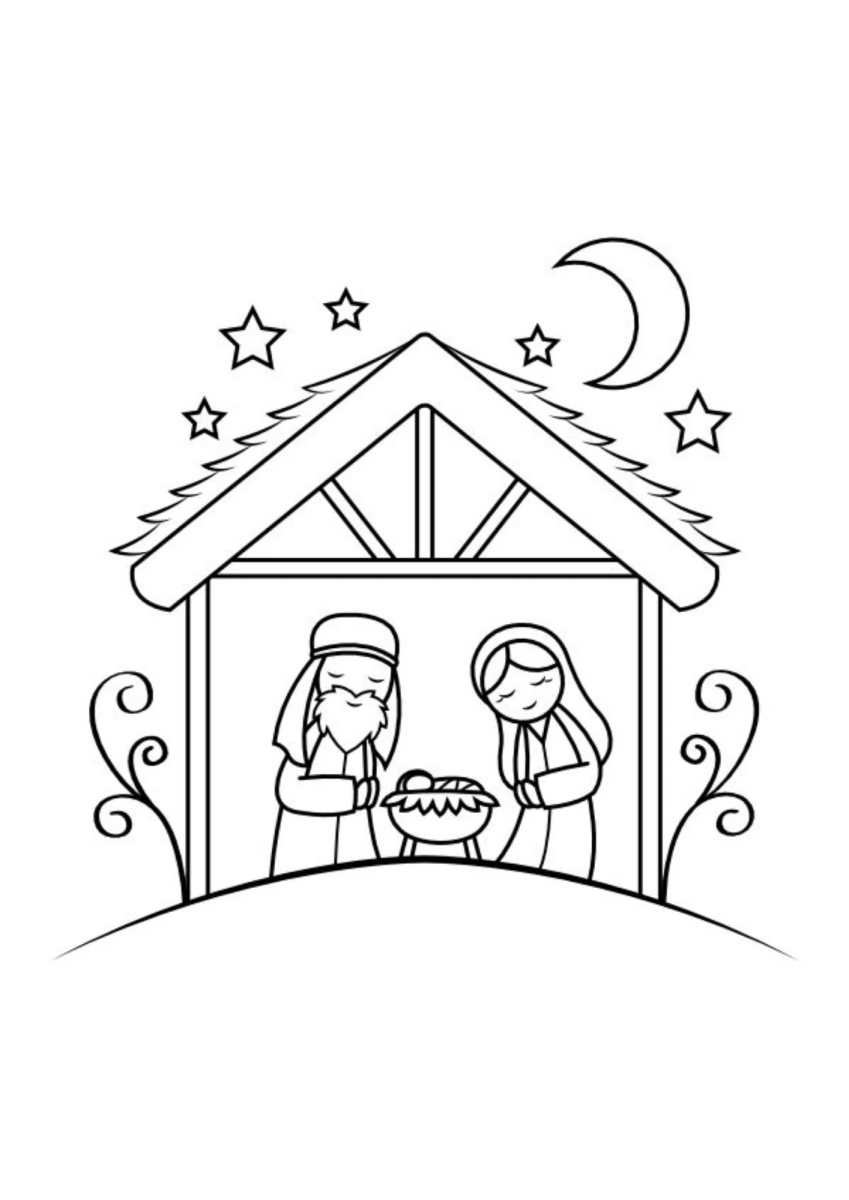 Estábulo simples com Maria, José e o Menino Jesus para colorir