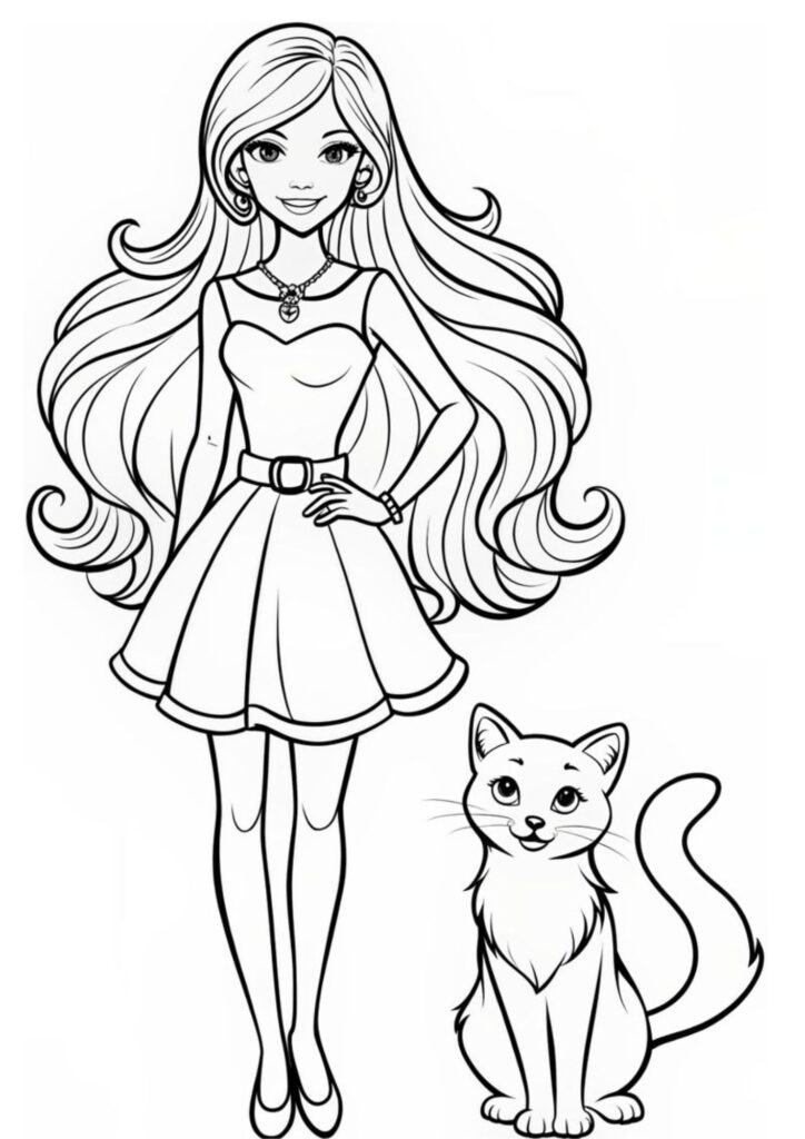 Estilo e Charme: Personagem e Gato para Colorir