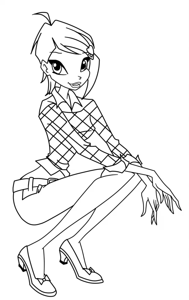 Fada Winx agachada com roupa xadrez para colorir