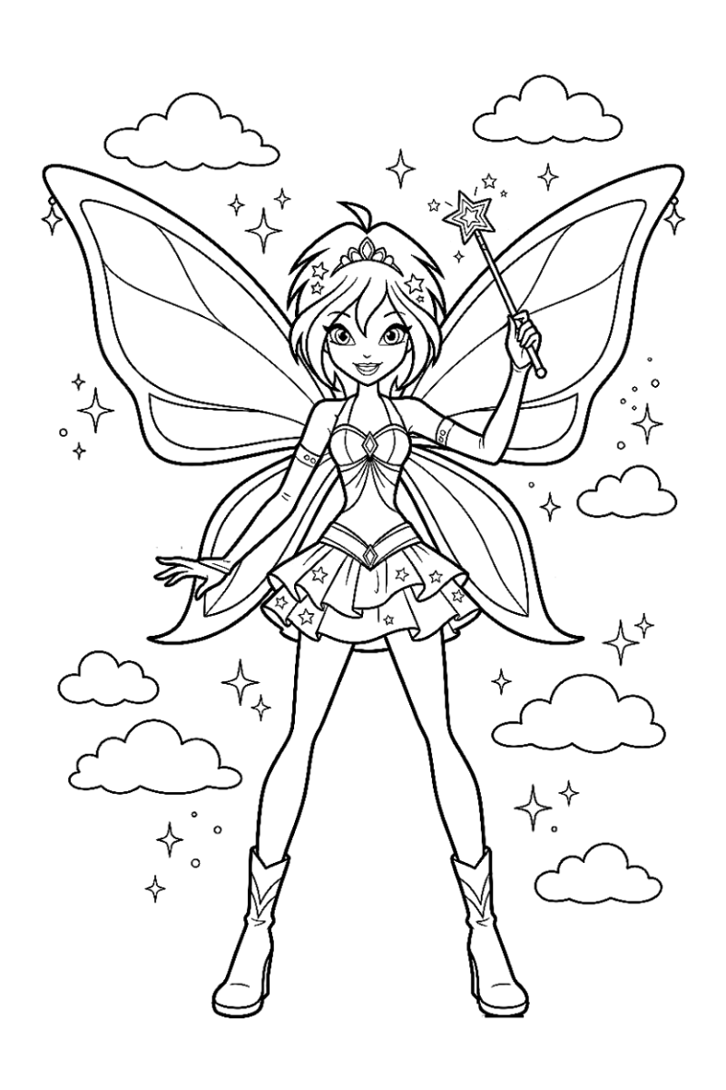 Fada Winx com asas brilhantes e varinha para colorir