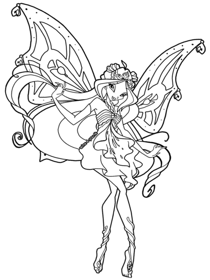 Fada Winx com asas de borboleta em pose de dança para colorir