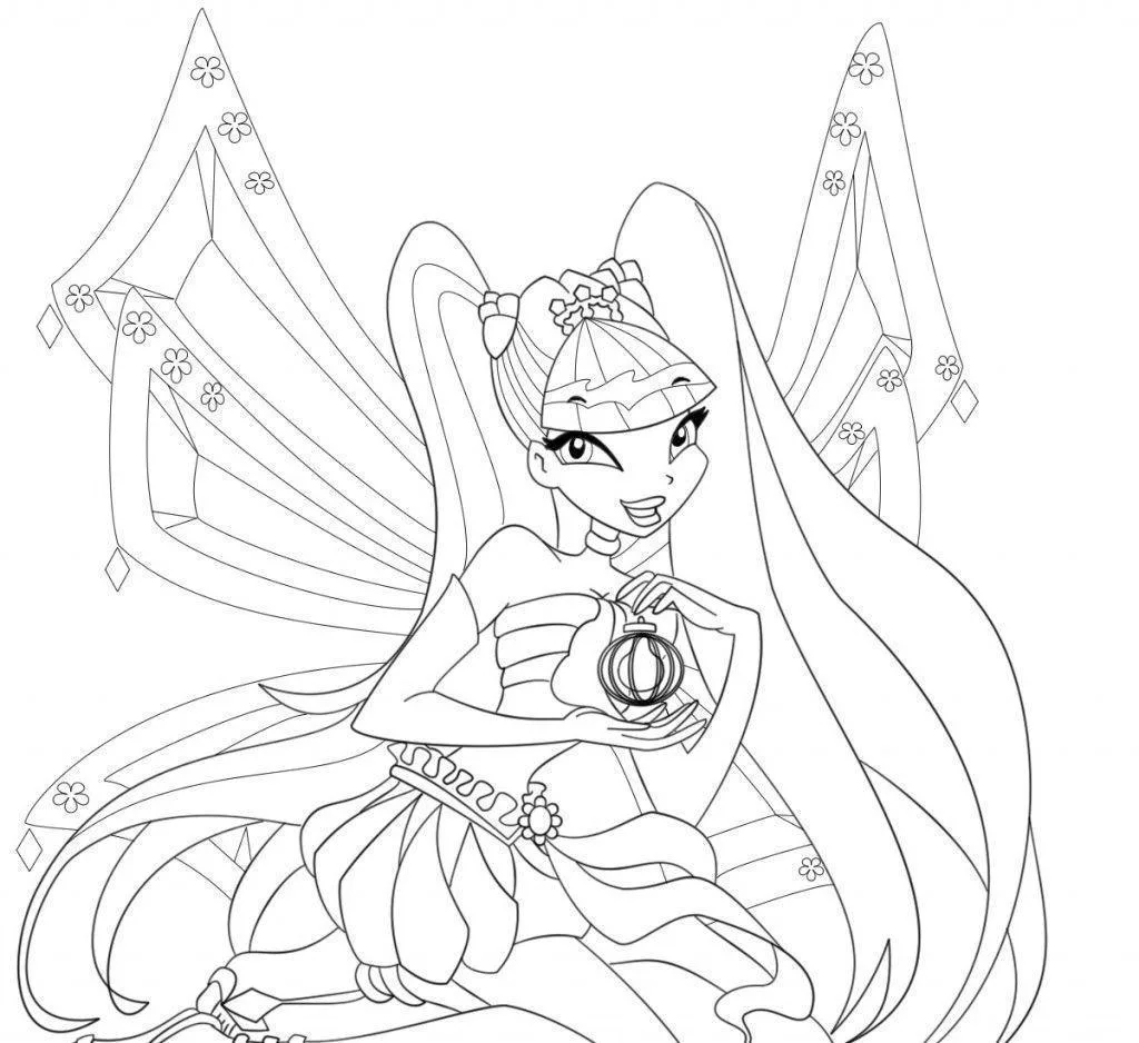 Fada Winx com asas gigantes e coroa para colorir