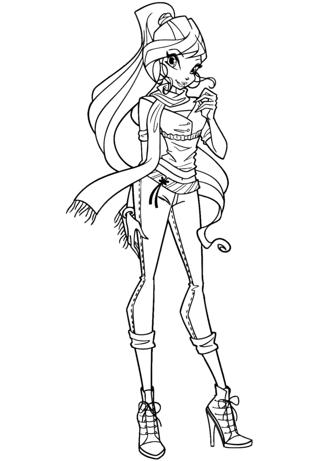 Fada Winx de botas altas e mãos na cintura para colorir