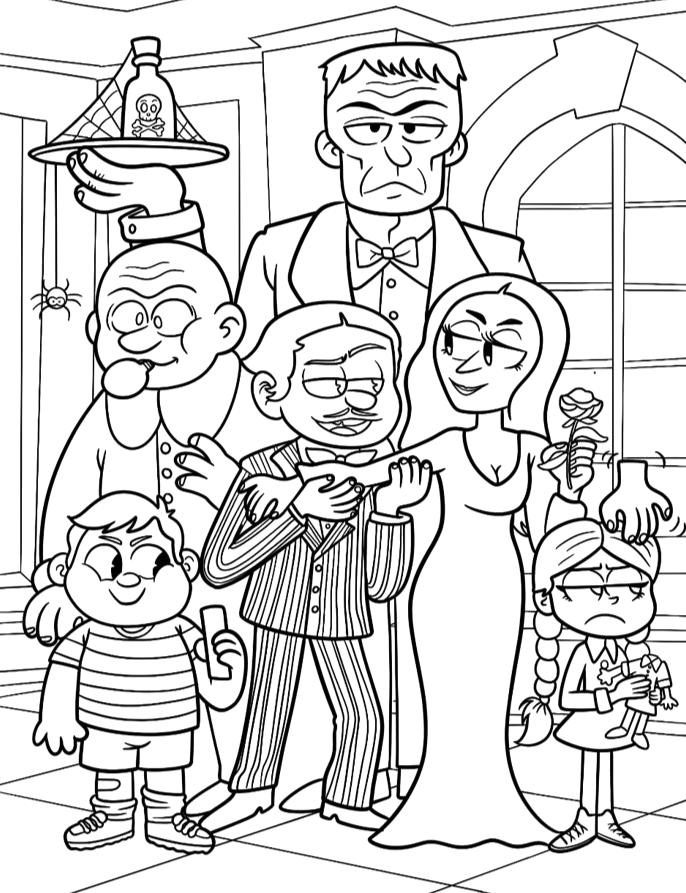 Família Addams em frente à janela para colorir