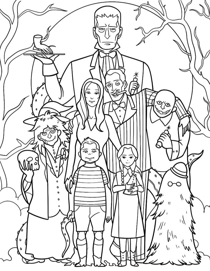 Família Addams na floresta sombria para colorir