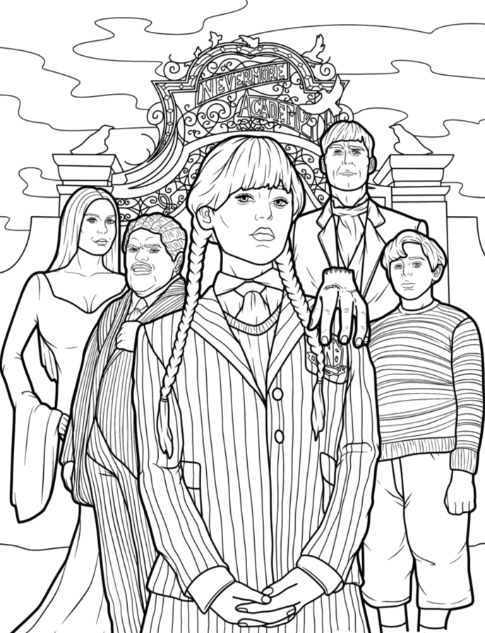 Família Addams na mansão assombrada para colorir