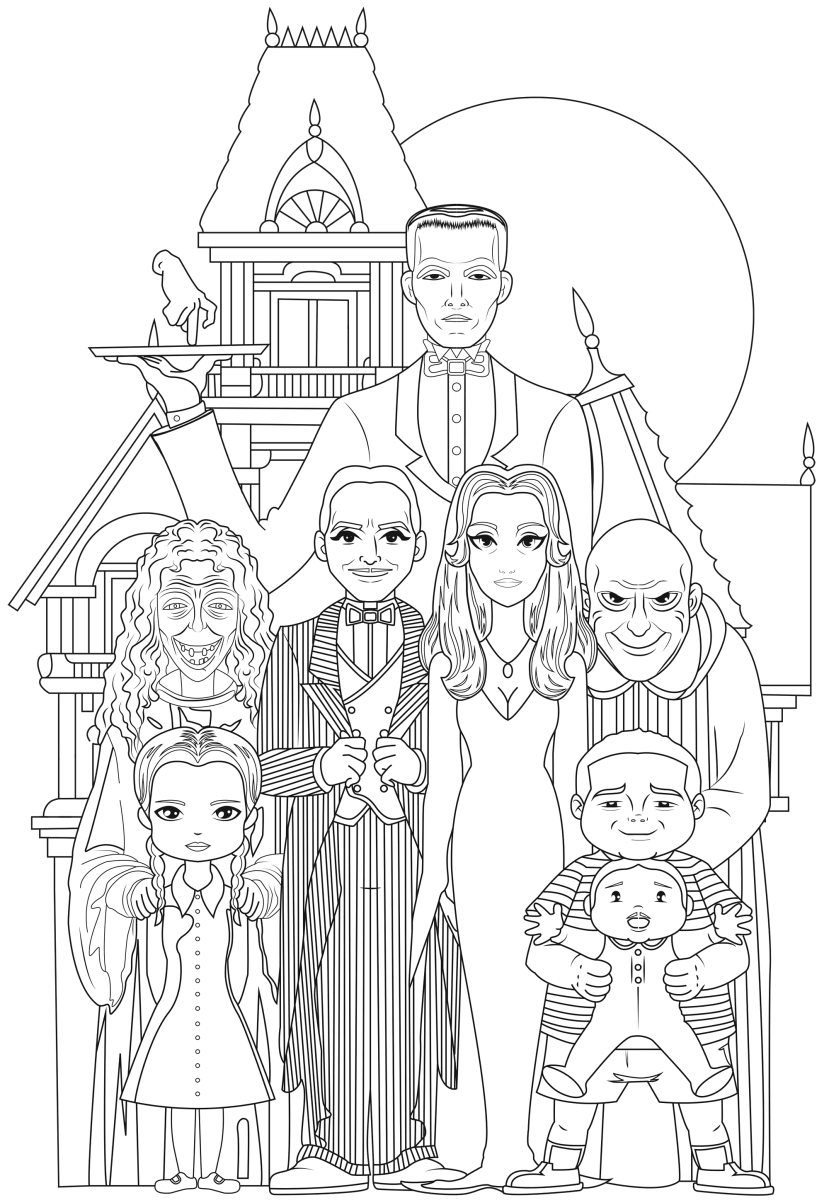 Família Addams no salão da mansão para colorir