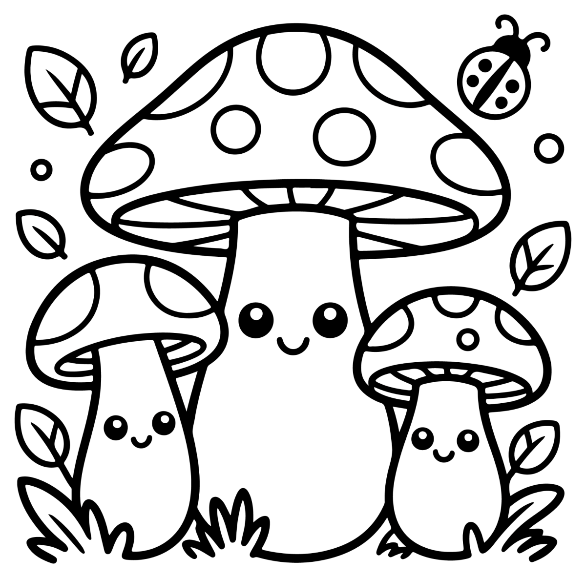 Família de cogumelos kawaii com joaninha para colorir