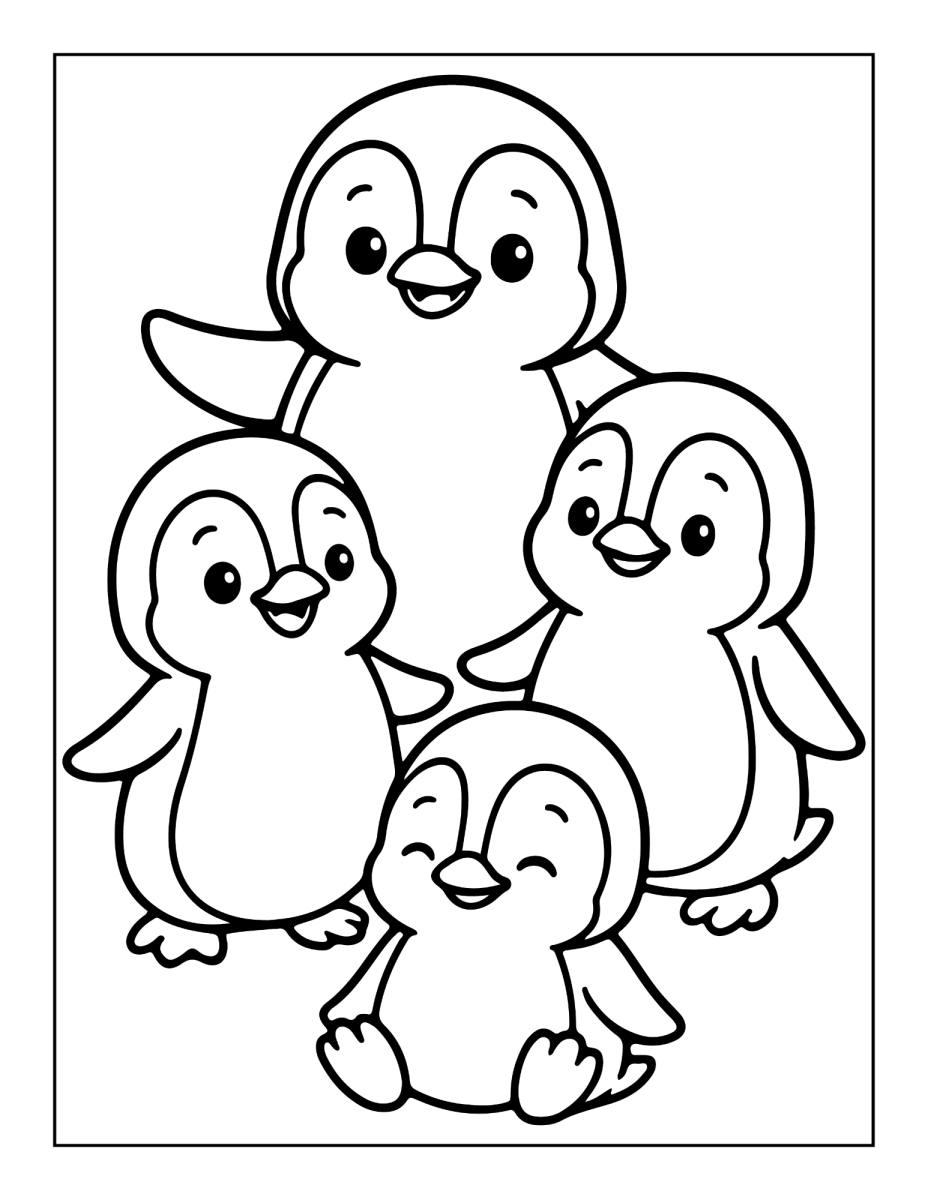 Família de pinguins reunida para colorir