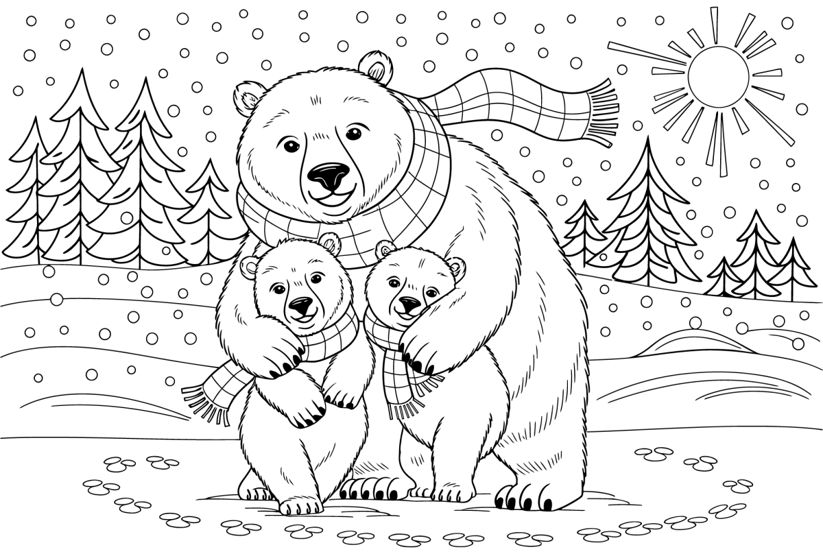 Família de ursos polares na neve do Ártico para colorir