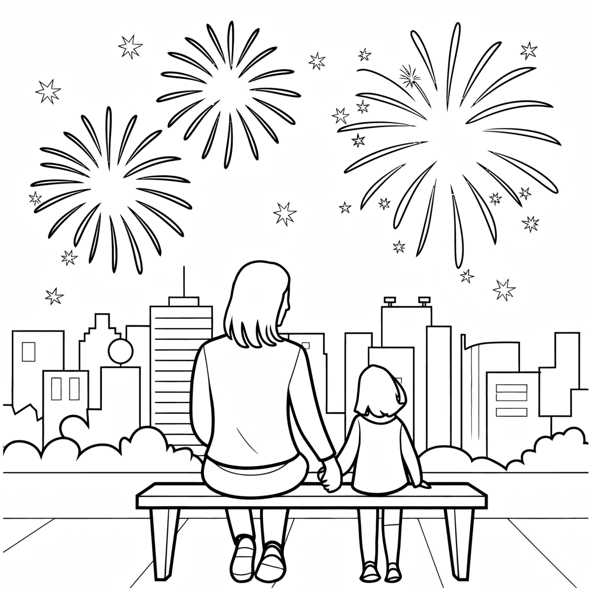 Família no banco vendo os fogos da cidade para colorir