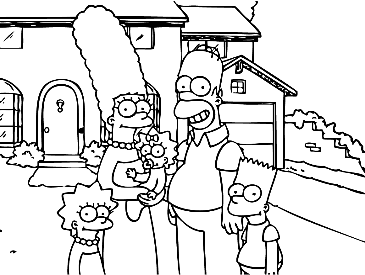 Família Simpson na frente da casa de Springfield para colorir