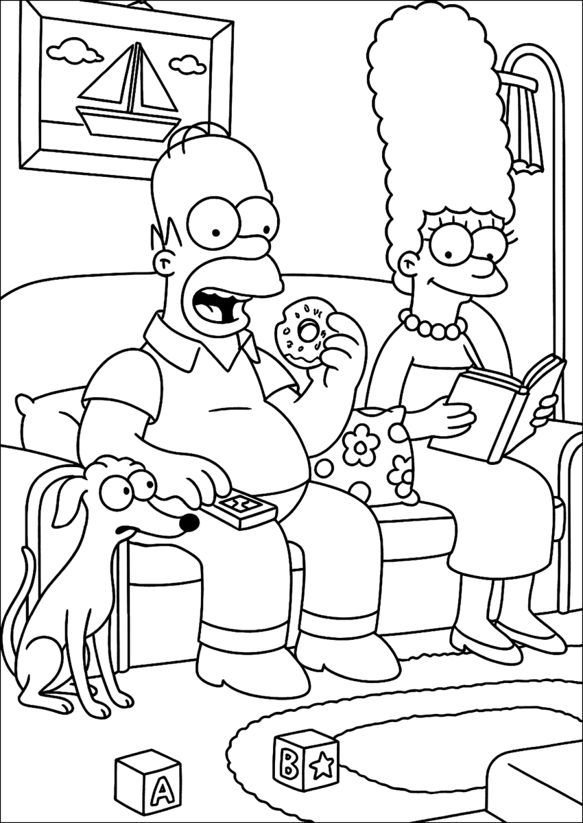 Família Simpson relaxando no sofá com a Maggie para colorir