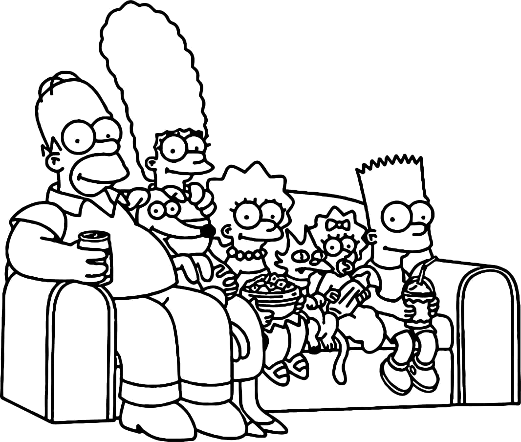 Família Simpson sentada no sofá da sala para colorir