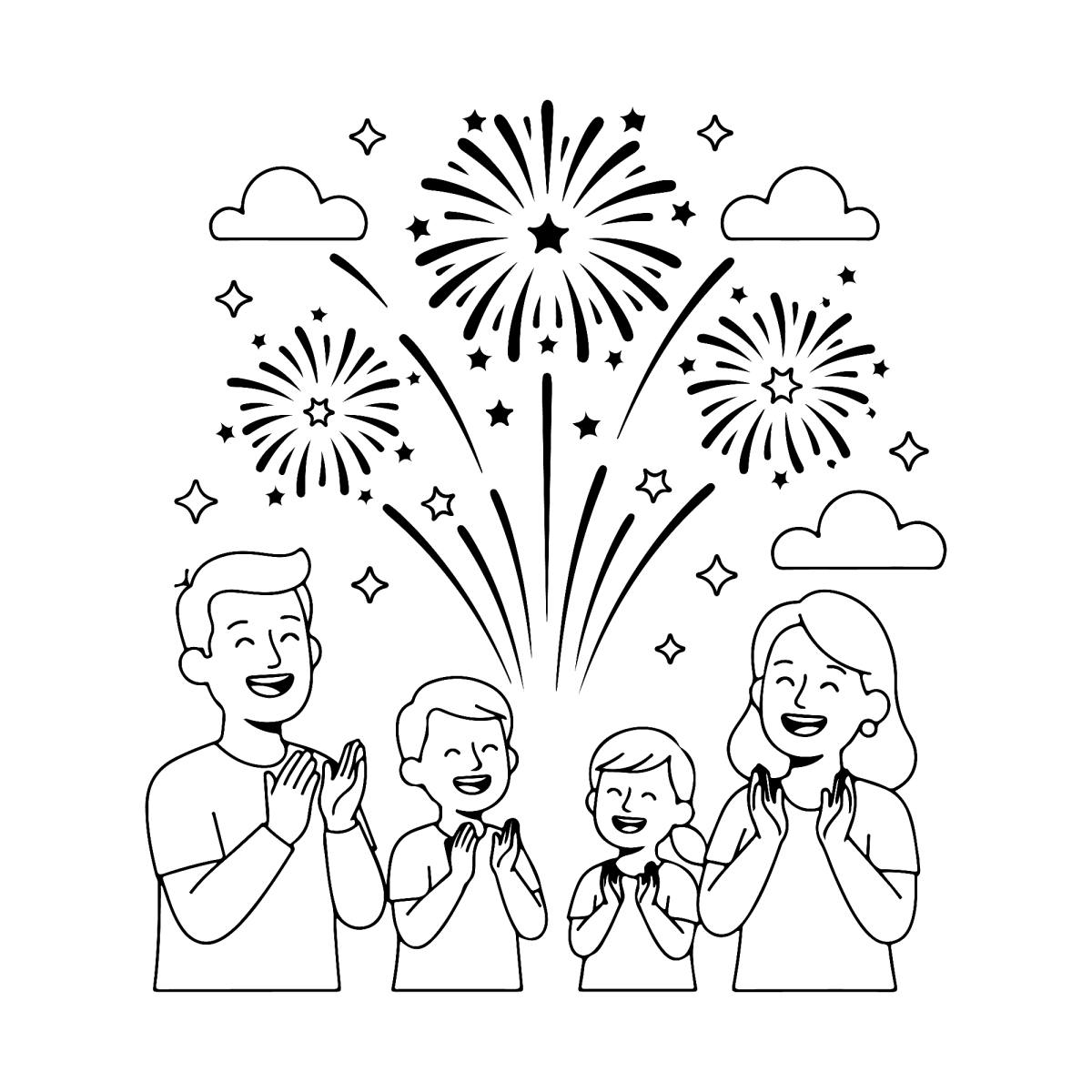 Família surpresa com os fogos no céu para colorir