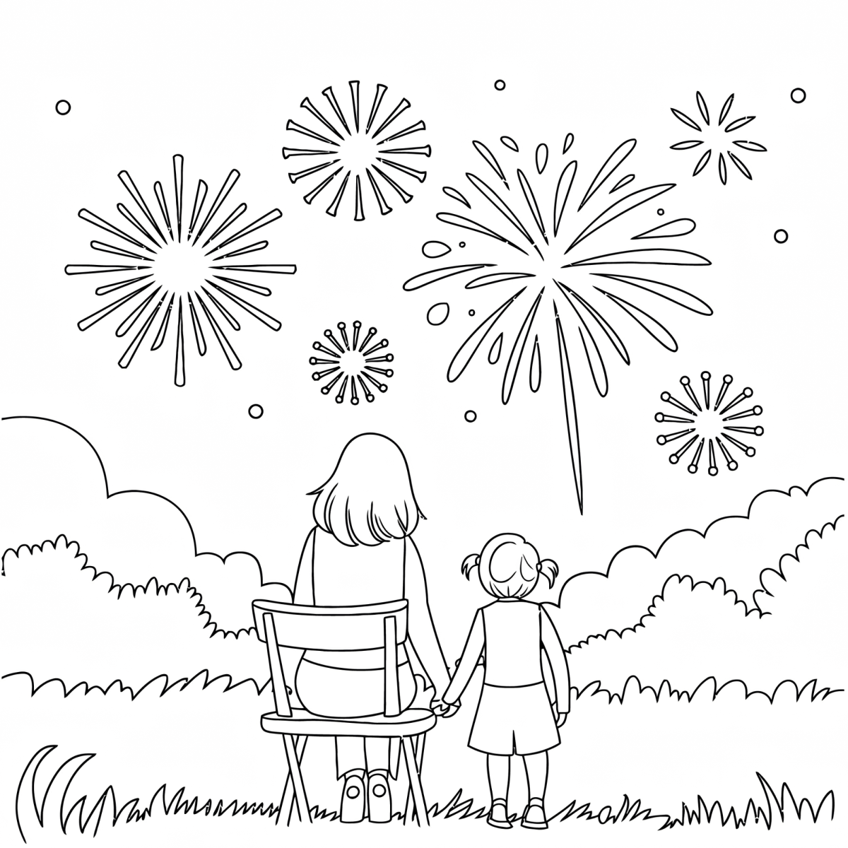 Família vendo os fogos no gramado para colorir