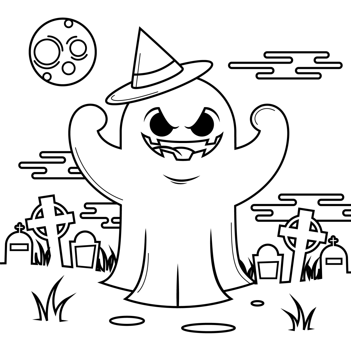Fantasma com chapéu de bruxa no cemitério para colorir