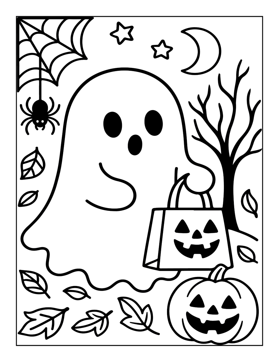 Fantasma com saco de doces e abóboras para colorir
