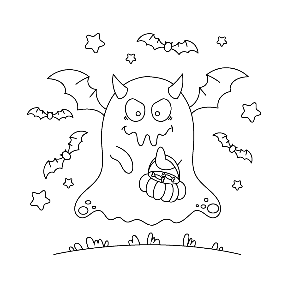 Fantasma diabinho com morcegos para colorir
