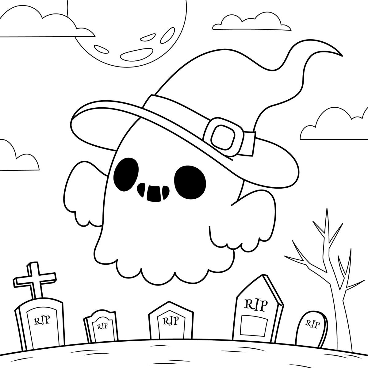 Fantasminha fofo de chapéu de bruxa entre as lápides para colorir