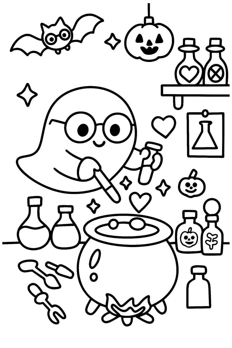 Fantasminha preparando poções para colorir