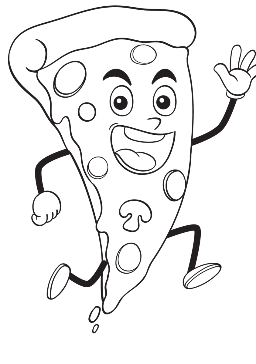 Fatia de pizza correndo e acenando para colorir