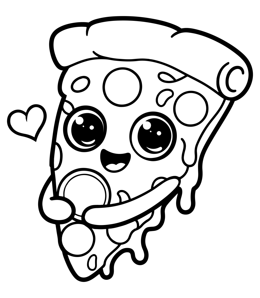 Fatia de pizza kawaii com coração para colorir