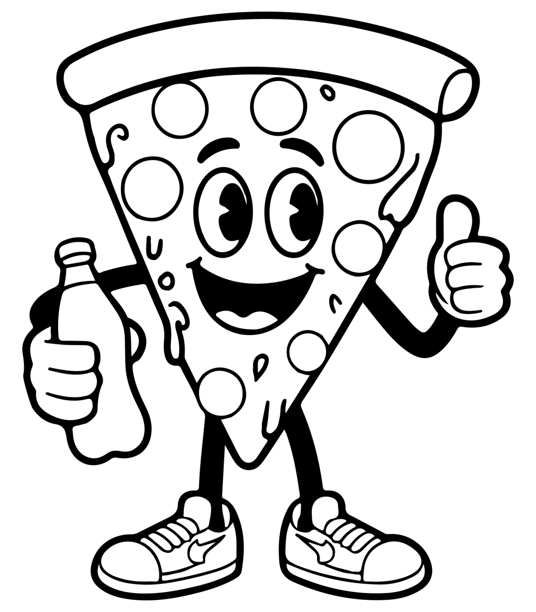 Fatia de pizza segurando um refrigerante para colorir