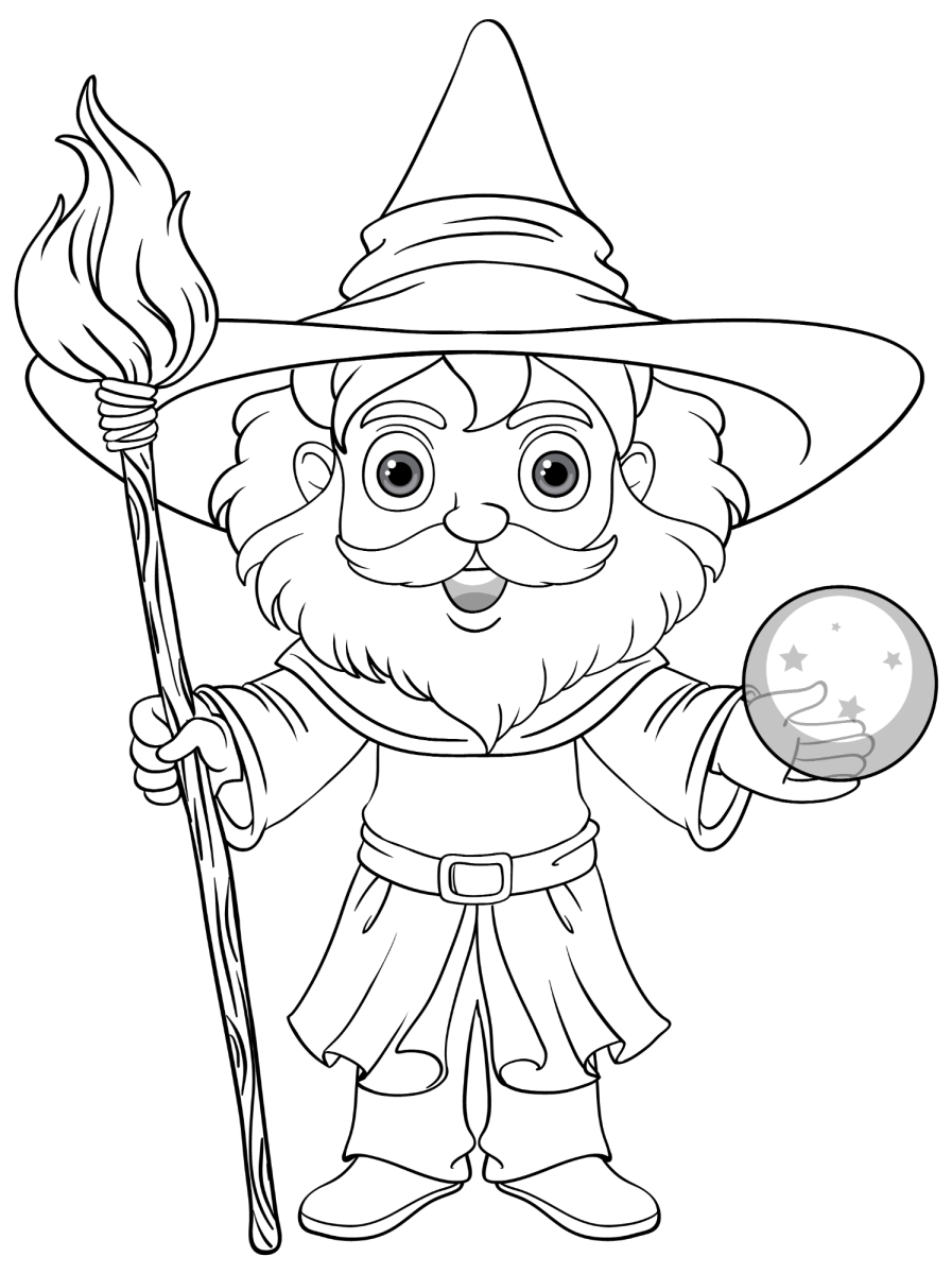 Feiticeira com bola de cristal e cajado para colorir