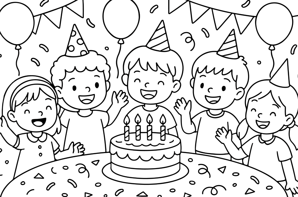 Festa de aniversário das crianças com bolo para colorir