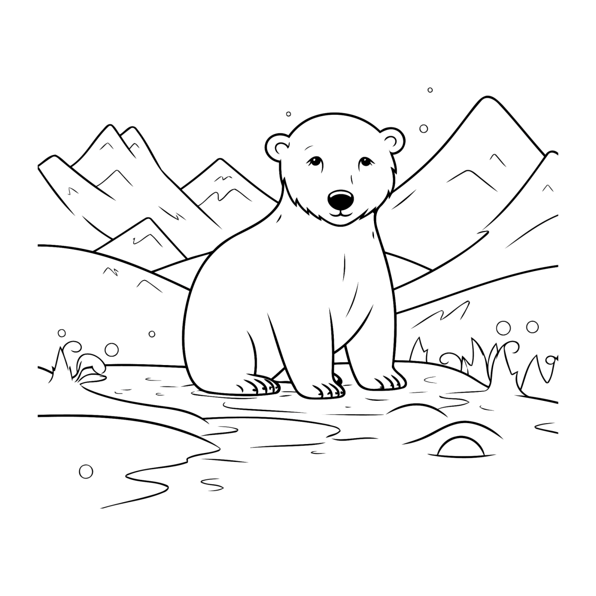 Filhote de urso polar no gelo com montanhas ao fundo para colorir