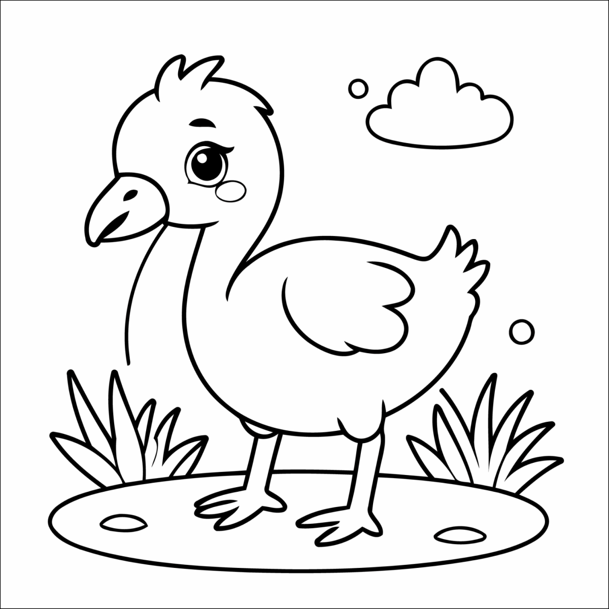 Flamingo com nuvens e grama para colorir