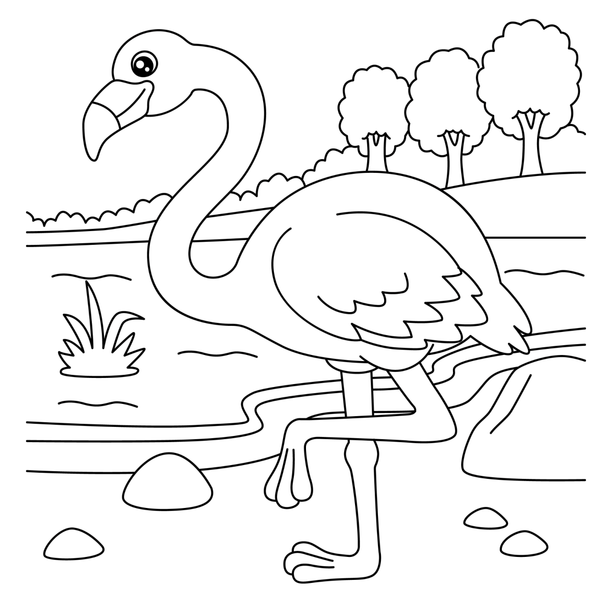 Flamingo na lagoa com árvores ao fundo para colorir