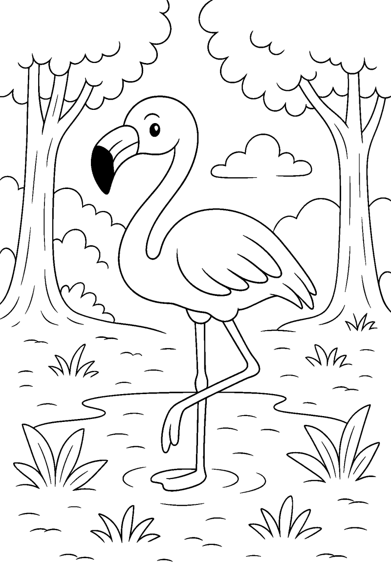 Flamingo na lagoa tropical para colorir