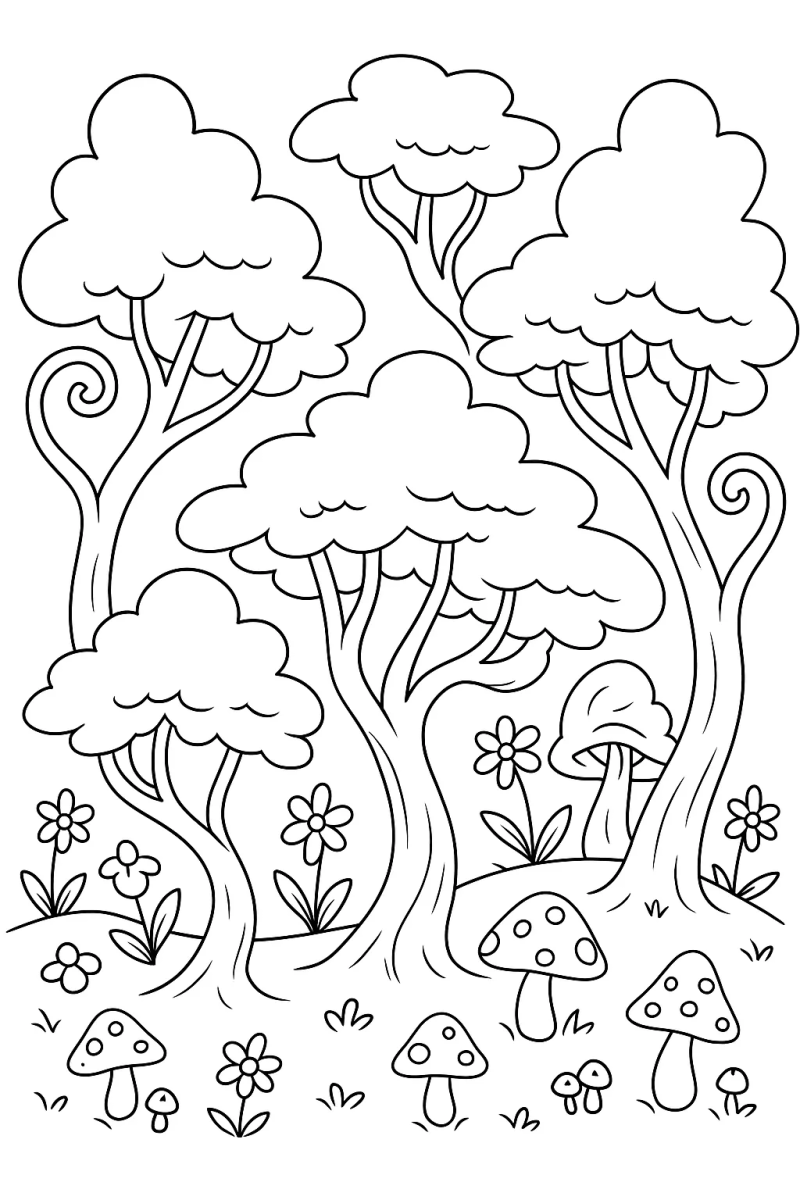 Floresta com cogumelos e flores para colorir
