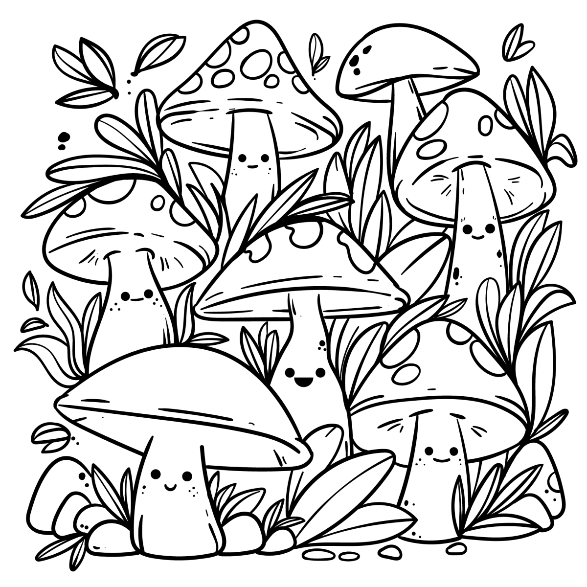Floresta de cogumelos kawaii com folhagens para colorir